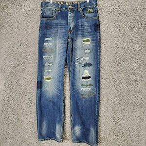 Parish Jeans Mens 34x32 Baggy Y2K Cotton Mid Rise Button Fly Distressed Straight